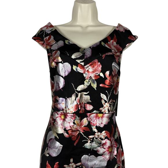 NY & Co Floral Metallic Sheath Dress Print Black Formal Cap Sleeve V Neck - M - Picture 2 of 7